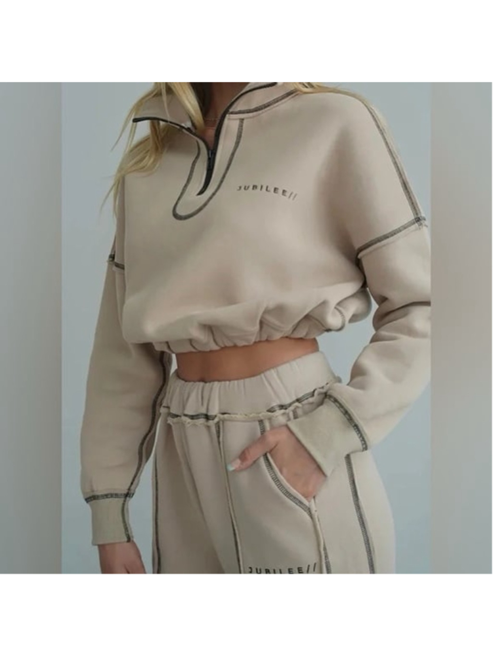 JUBILEE Beige Cropped Quarter Zip Hoodie Sweatshirt Pants Set